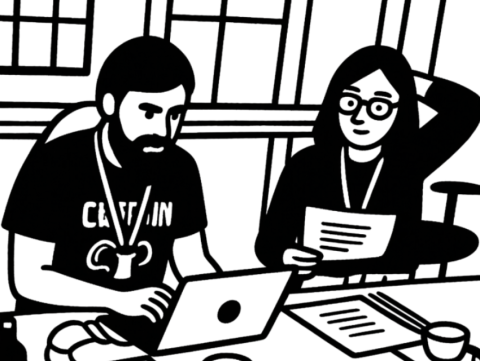 An illustration showing a man and woman working on an action plan