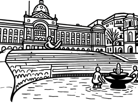 An illustration showing the exterior of Birmingham Museum with two figures in the fountain